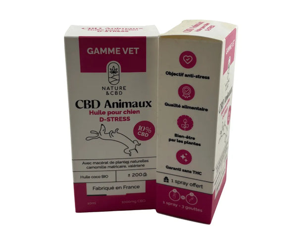Huile CBD Animaux pour chien Protect+ 10 % Gamme Vet Nature & CBD, packaging blanc et vert avec mention macérat de plantes naturelles et huile coco bio
