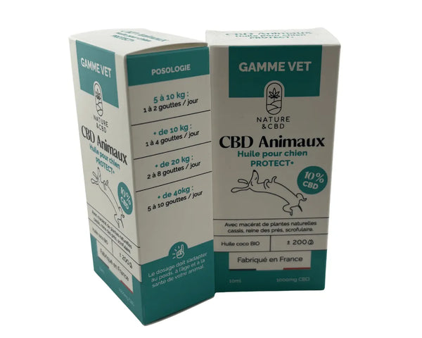 Huile CBD Animaux pour chien D‑Stress 10 % Gamme Vet Nature & CBD, packaging blanc et rose avec objectif anti‑stress, qualité alimentaire et garanti sans THC

