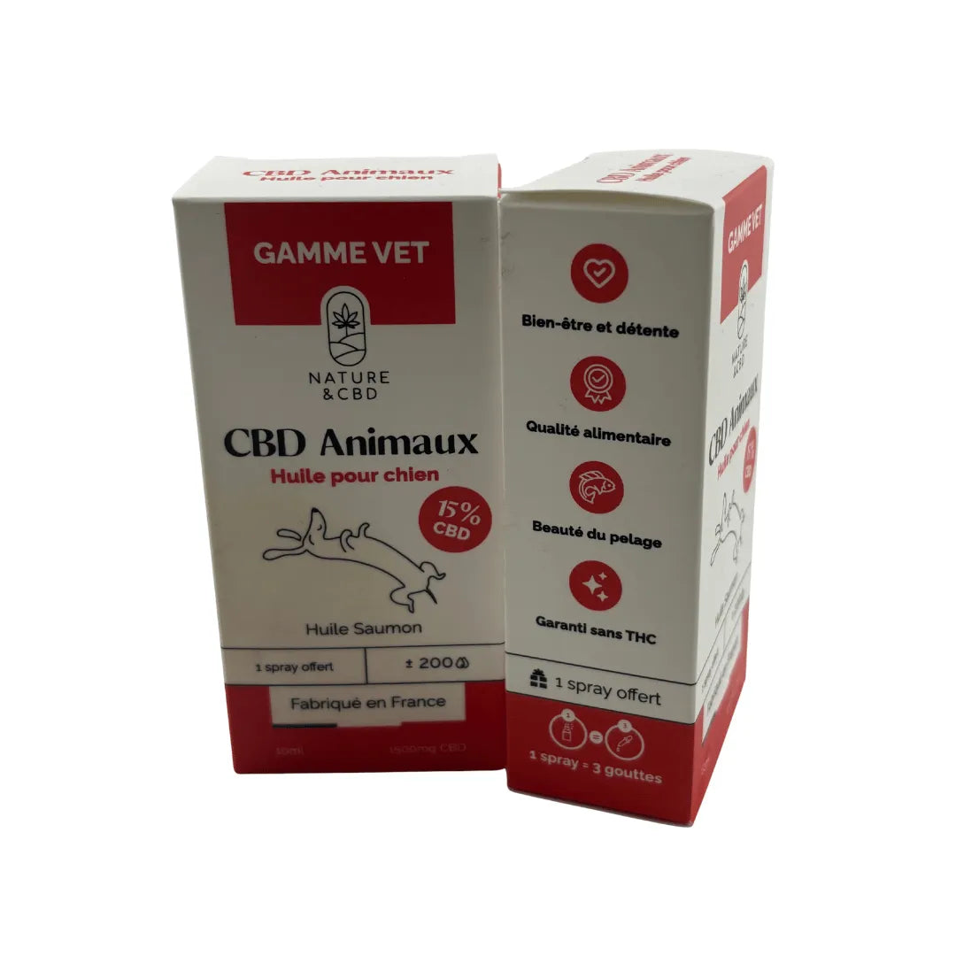 Huile CBD Animaux pour chien 15 % au saumon Gamme Vet Nature & CBD, étui blanc et rouge indiquant bien‑être et détente, qualité alimentaire et garanti sans THC
