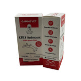 Huile CBD Animaux pour chien 15 % au saumon Gamme Vet Nature & CBD, étui blanc et rouge indiquant bien‑être et détente, qualité alimentaire et garanti sans THC
