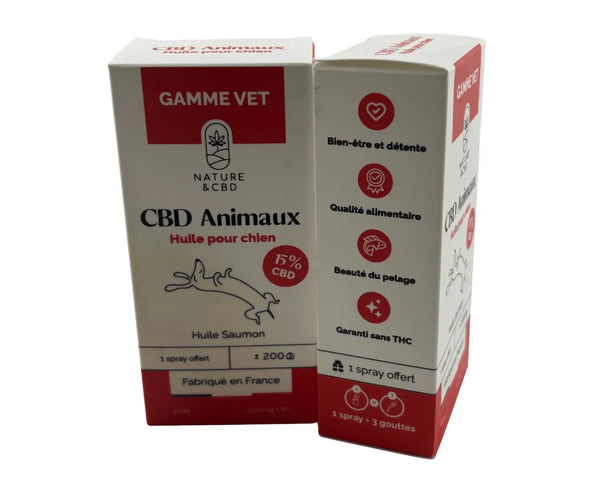 Huile CBD Animaux pour chien 15 % au saumon Gamme Vet Nature & CBD, étui blanc et rouge indiquant bien‑être et détente, qualité alimentaire et garanti sans THC
