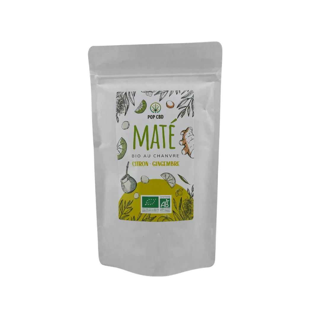 Sachet de thé vert bio au chanvre Moringa Matcha POP CBD, doypack blanc avec visuel végétal vert, certification agriculture biologique
