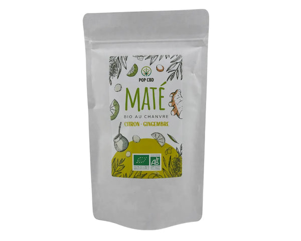 Sachet de thé vert bio au chanvre Moringa Matcha POP CBD, doypack blanc avec visuel végétal vert, certification agriculture biologique
