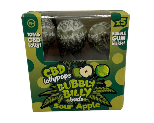 Sucettes CBD Bubbly Billy Buds saveur sour apple en boîte 5 pièces pour une pause fruitée à Metz