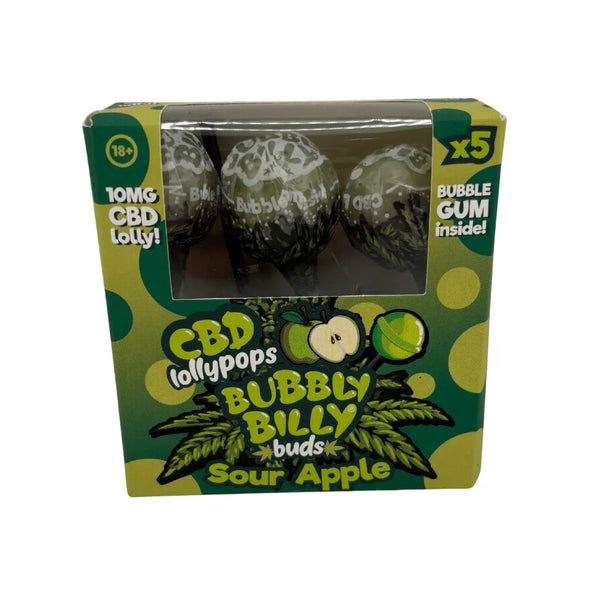 Sucettes CBD Bubbly Billy Buds saveur sour apple en boîte 5 pièces pour une pause fruitée à Metz