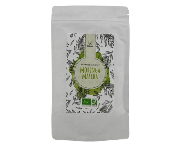 Sachet de maté bio au chanvre Citron Gingembre POP CBD, emballage doypack blanc avec illustrations fruits et plantes, label bio visible

