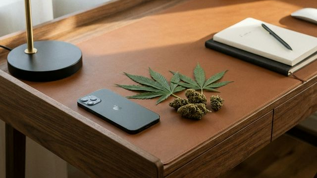 Smartophone noir sur un bureau avec feuilles et fleur de CBD relaxante